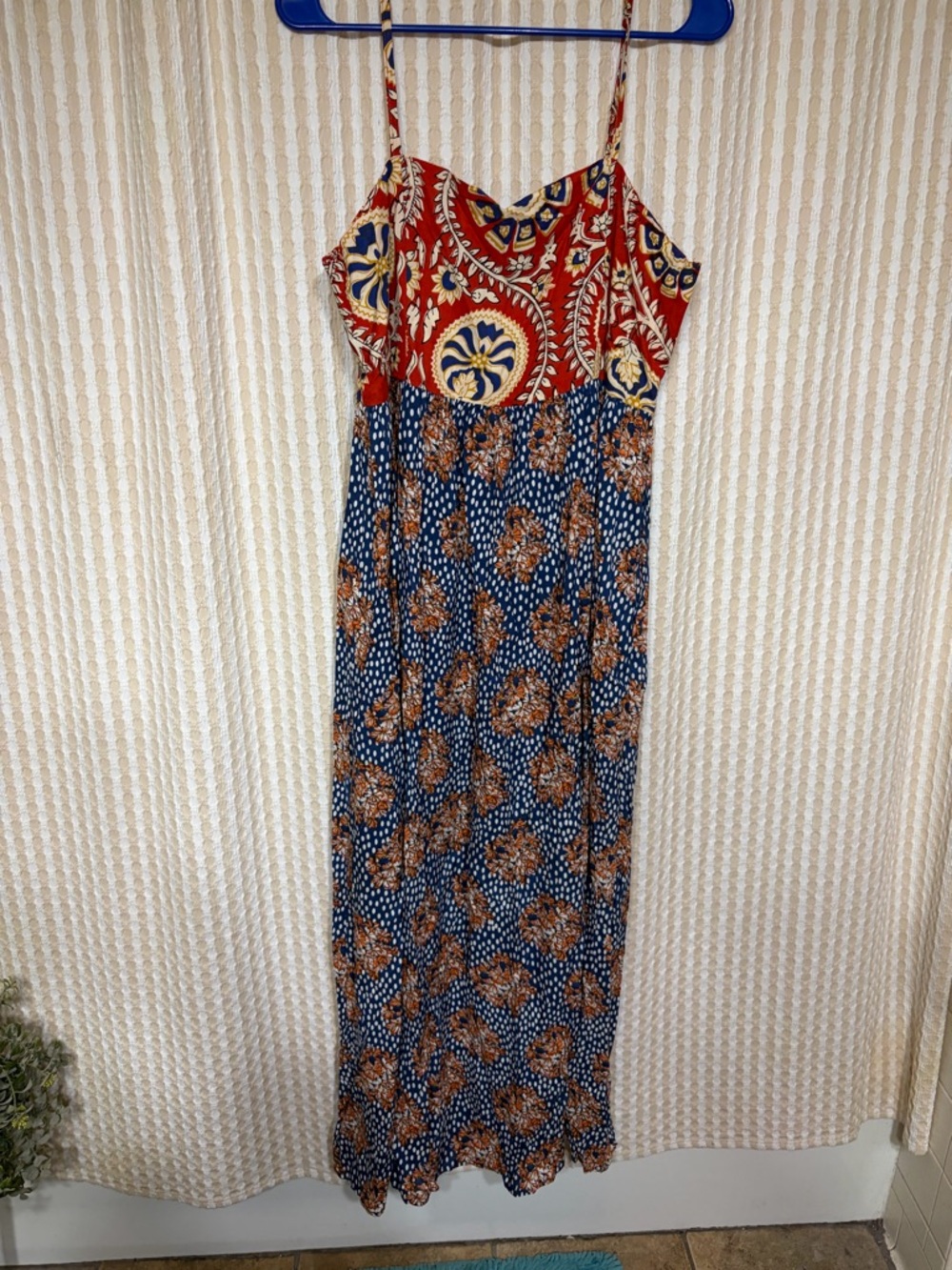 Boho Mixed-Print Spaghetti Strap Maxi Dress - Red & Blue